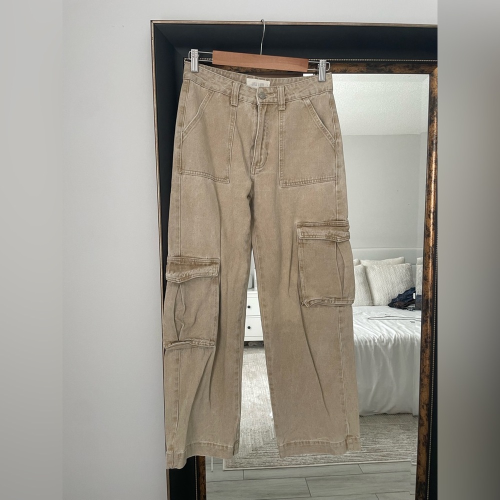 Miss Love Beige High Rise Wide Leg Cargo Jeans Utility Pants XS - Picture 2 of 4